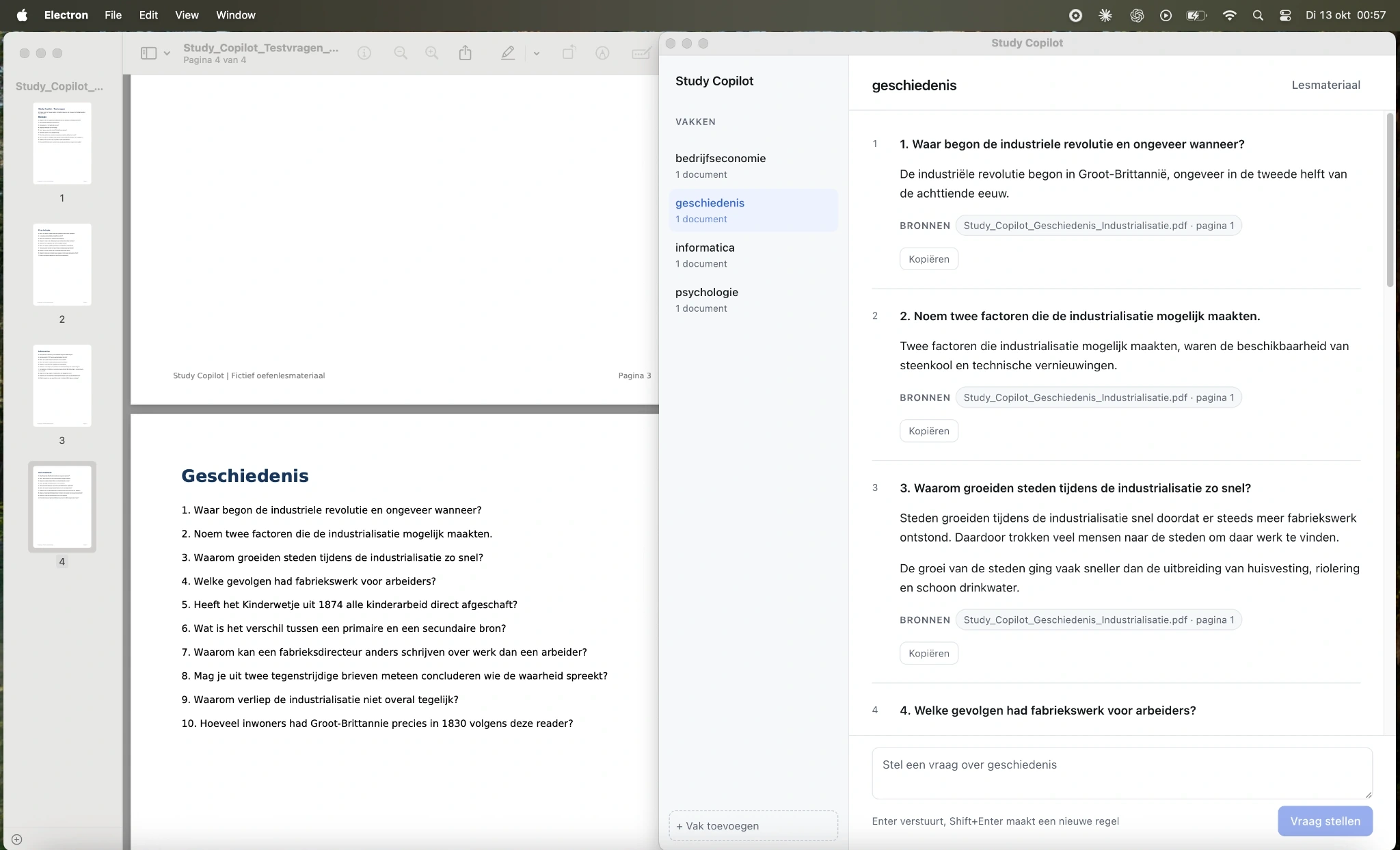 Geschiedenisvragen in een PDF naast antwoorden in Study CheatCode, met documentnamen en paginanummers als bronvermelding